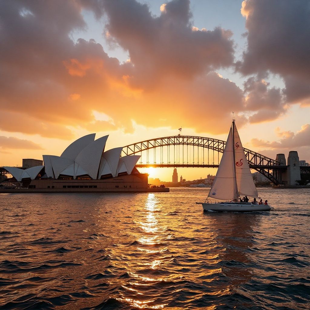 Sydney Harbour with Opera House at sunset