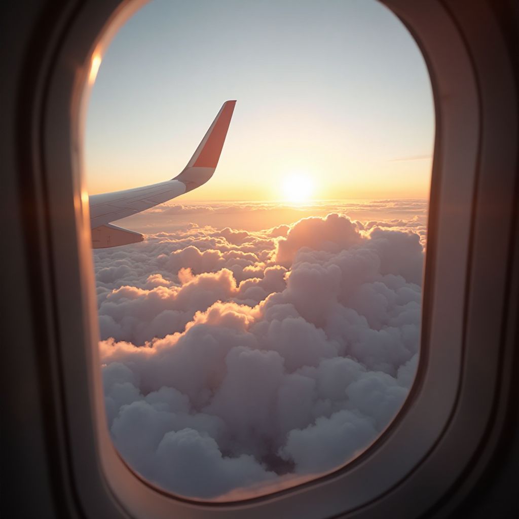 Airplane window view of clouds at sunrise