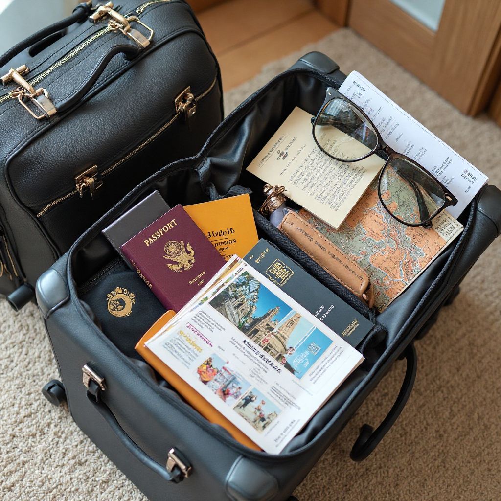 Luggage with passport and boarding pass