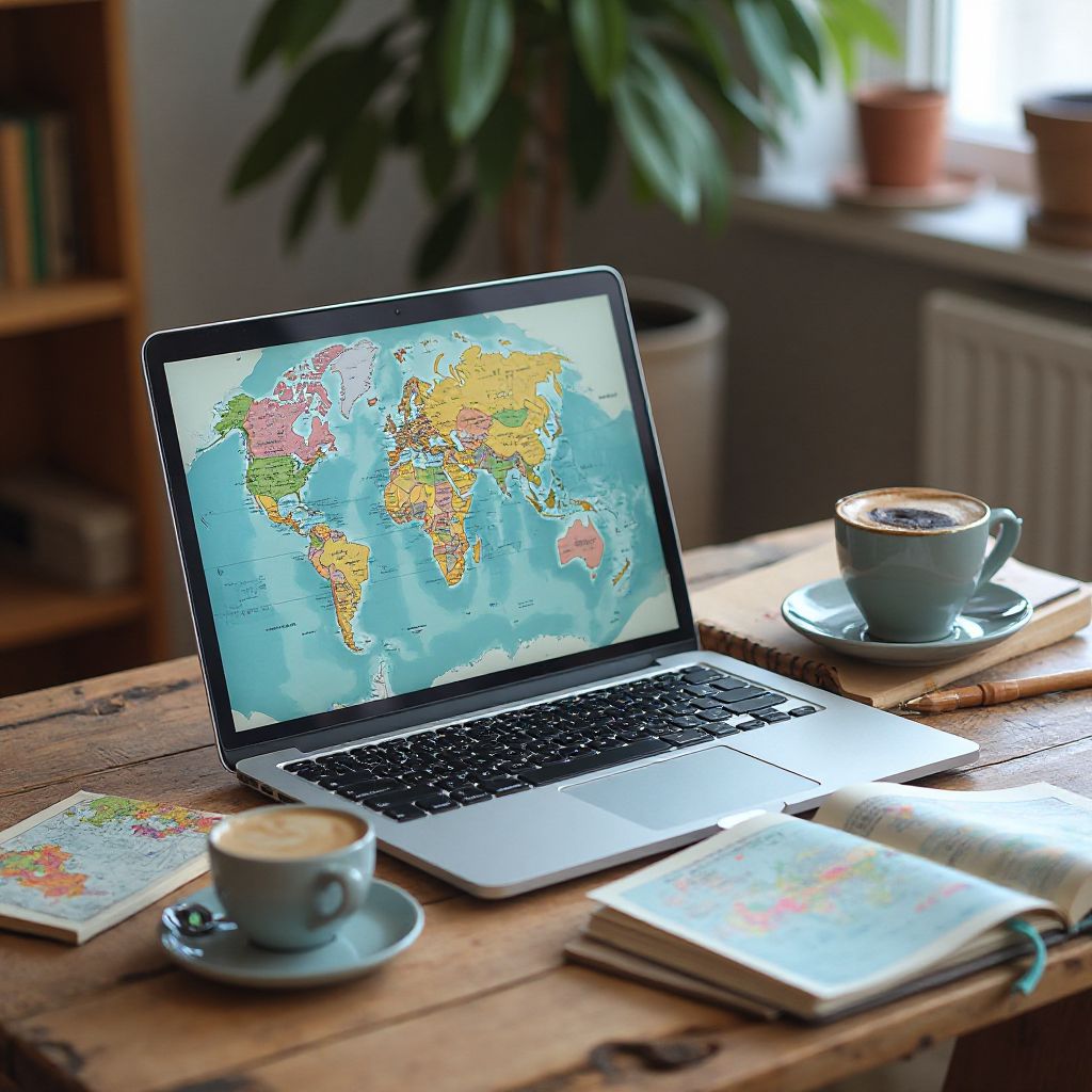 Travel planning with laptop and maps