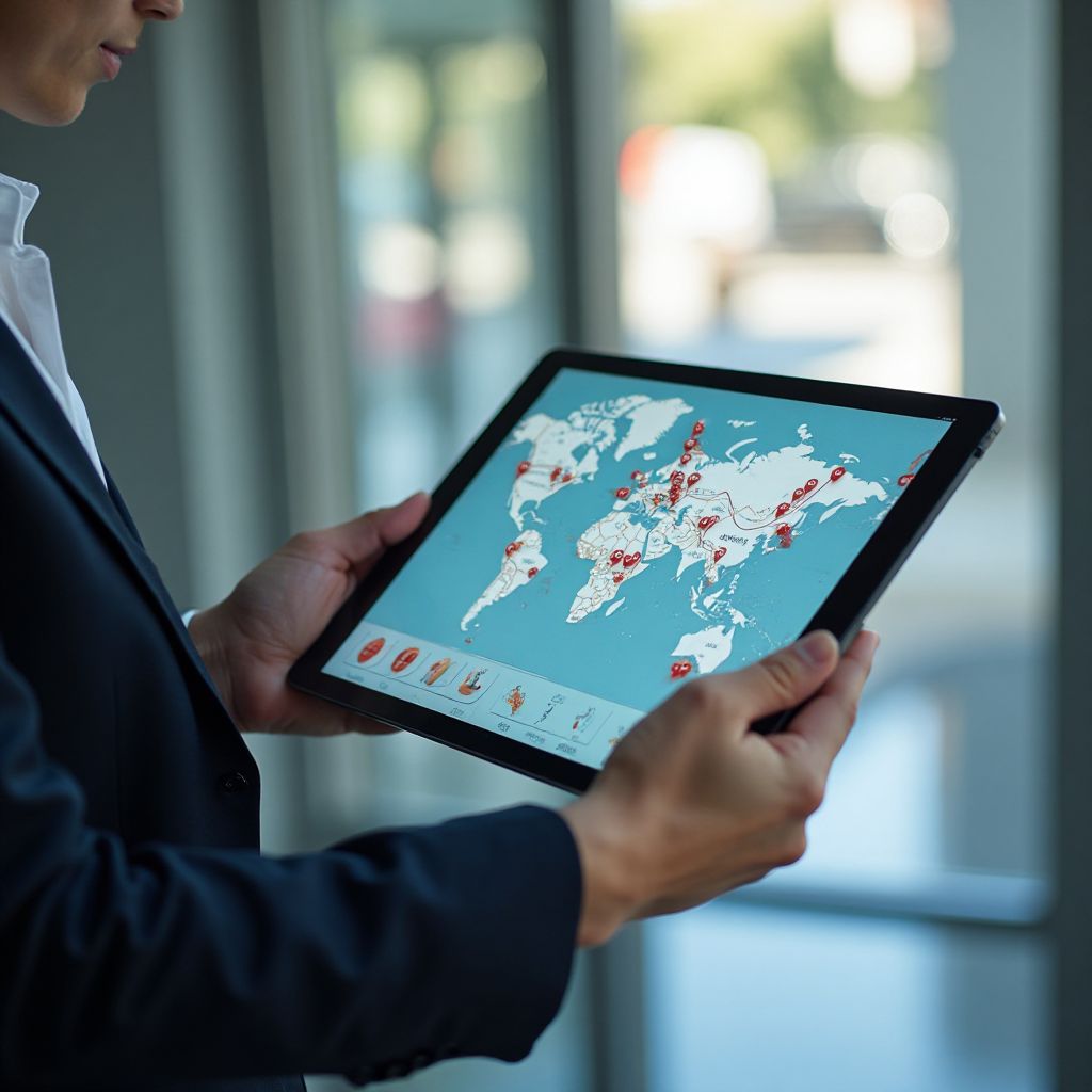 Modern digital travel planning interface on tablet with global map